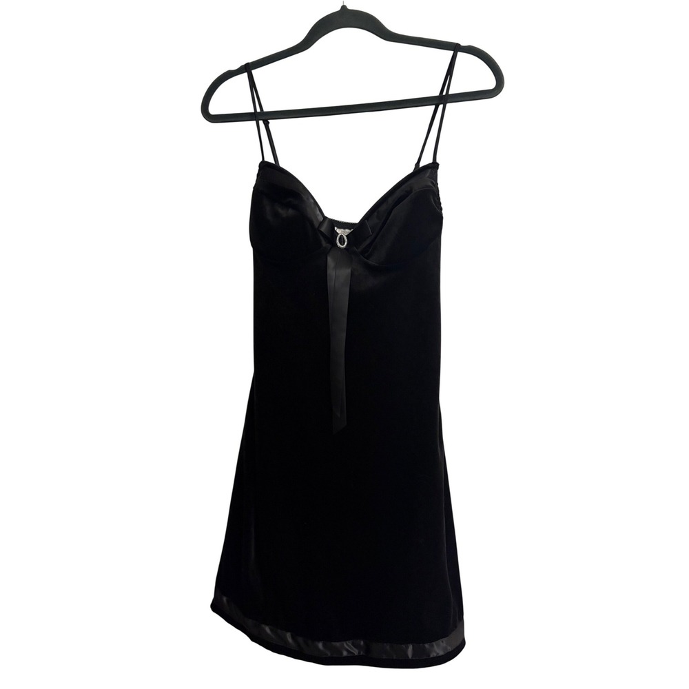 Y2K Cinema Black Velvet Chemise slip dress Rhinestone Bow Satin Trim Small